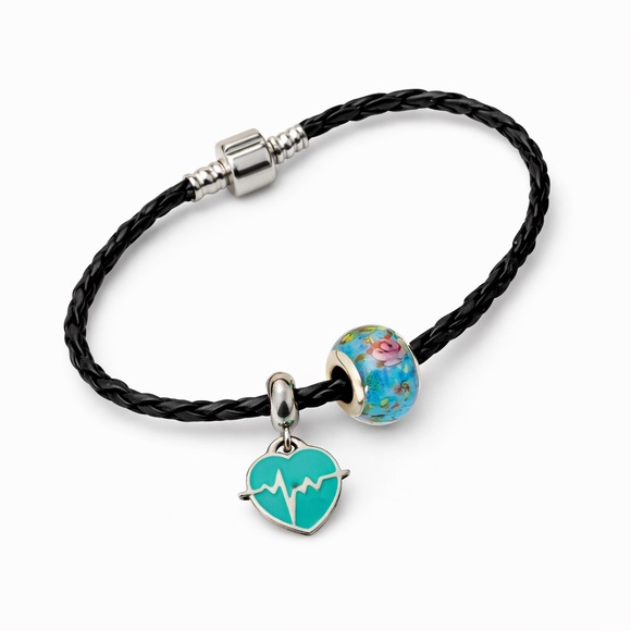 Handmade Jewelry - Black Braided Bracelet with Heartbeat Charm